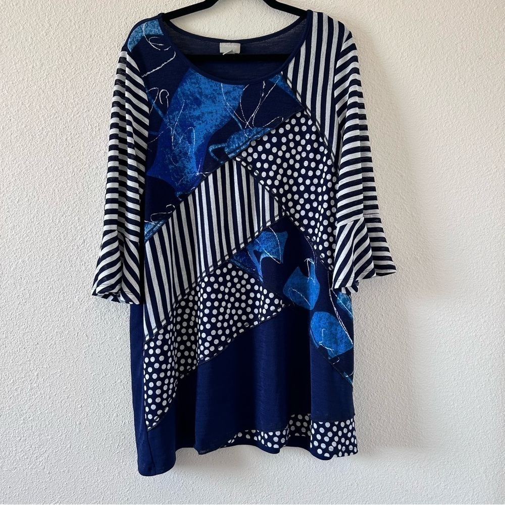 Zim & Zoe Women’s Tunic Blouse 20 Blue White Mixed Prints Artsy Stretchy Church